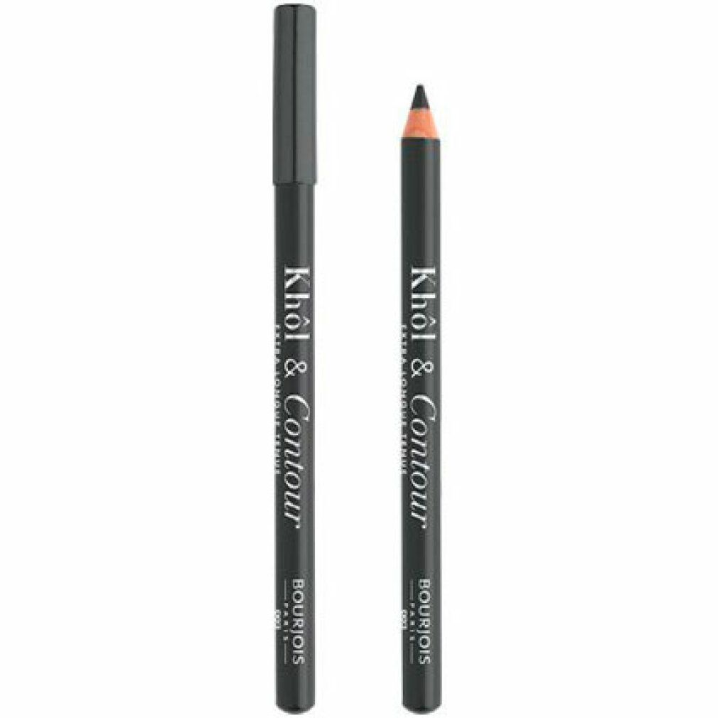 Twee grijze kohlpotloden. Eén met dop, één zonder. Opschrift: Khol & Contour, Bourjois Paris.