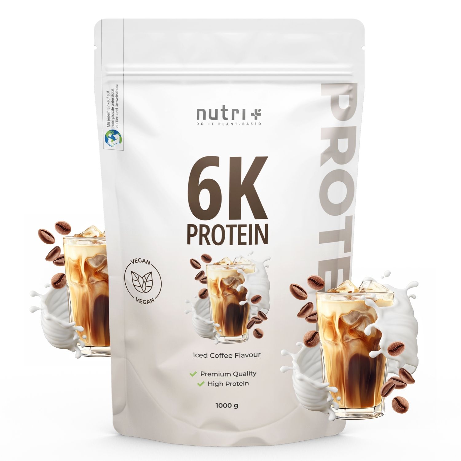 nutri+ 6K eiwitpoeder, Iced Coffee smaak, 1000g zak met afbeelding van een ij koffie.