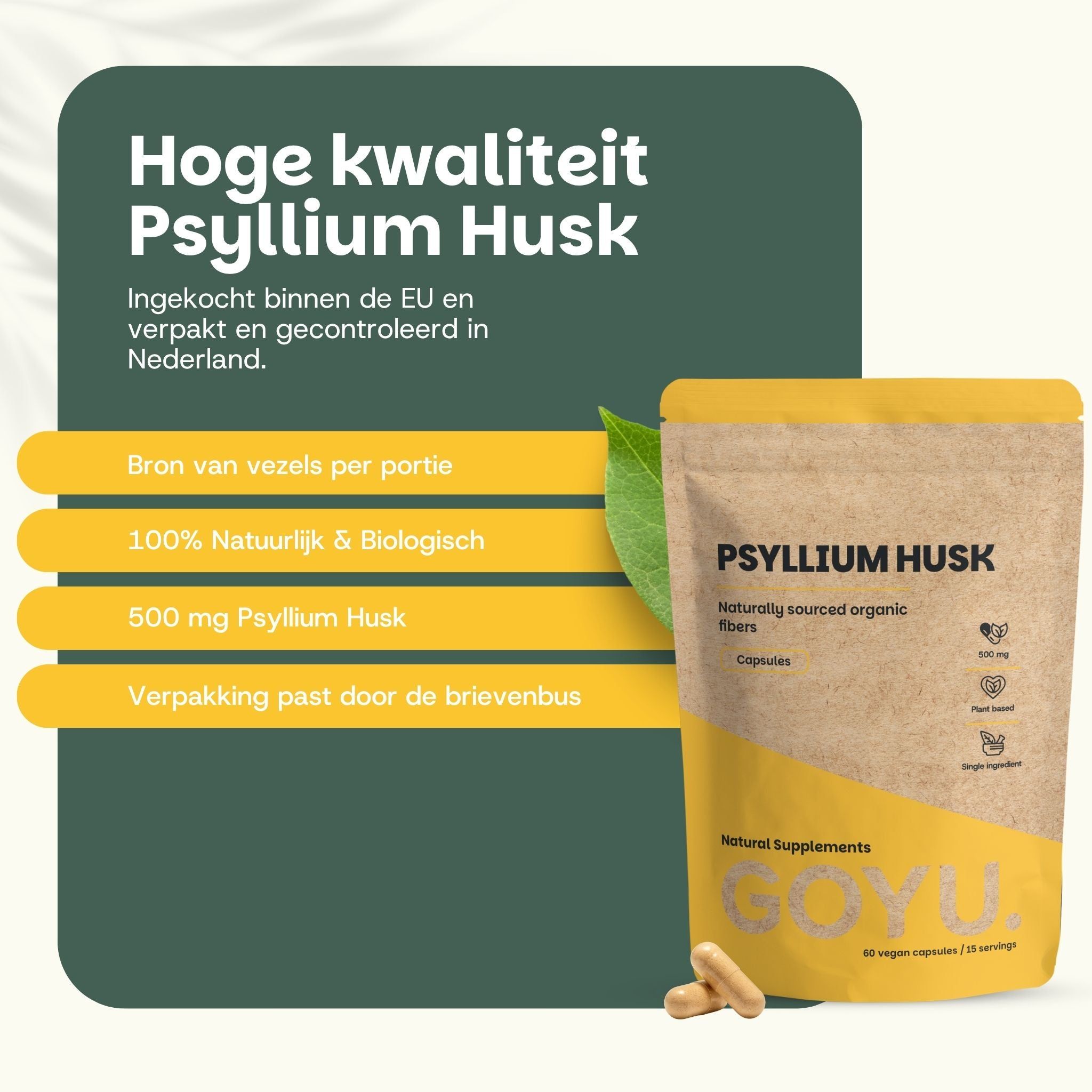 Een geopende psyllium husk capsule toont slechts 1 ingrediënt, 100% natuurlijk en biologisch.