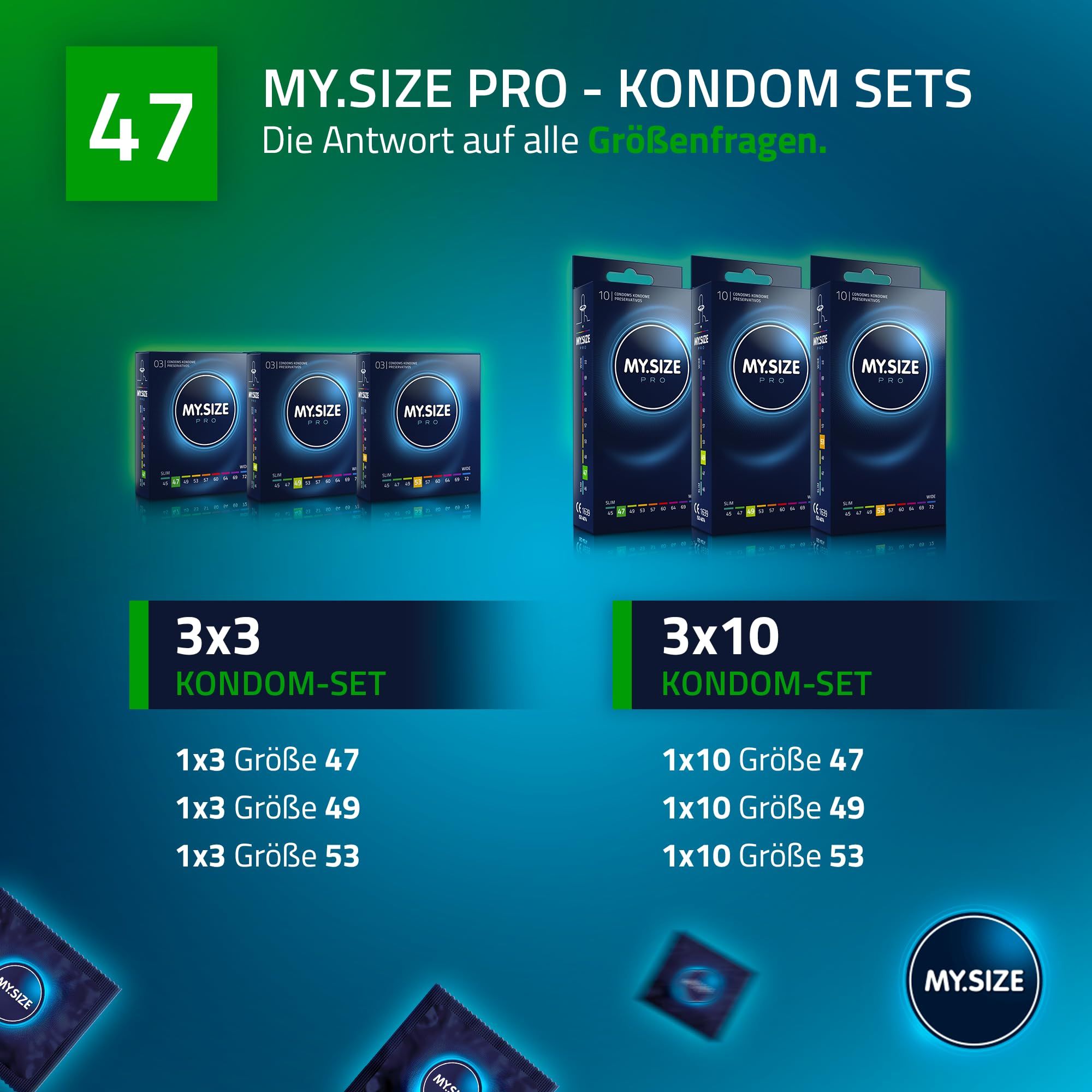 MY.SIZE PRO condoom sets: 3x3 en 3x10 verpakkingen in maten 47, 49, 53.