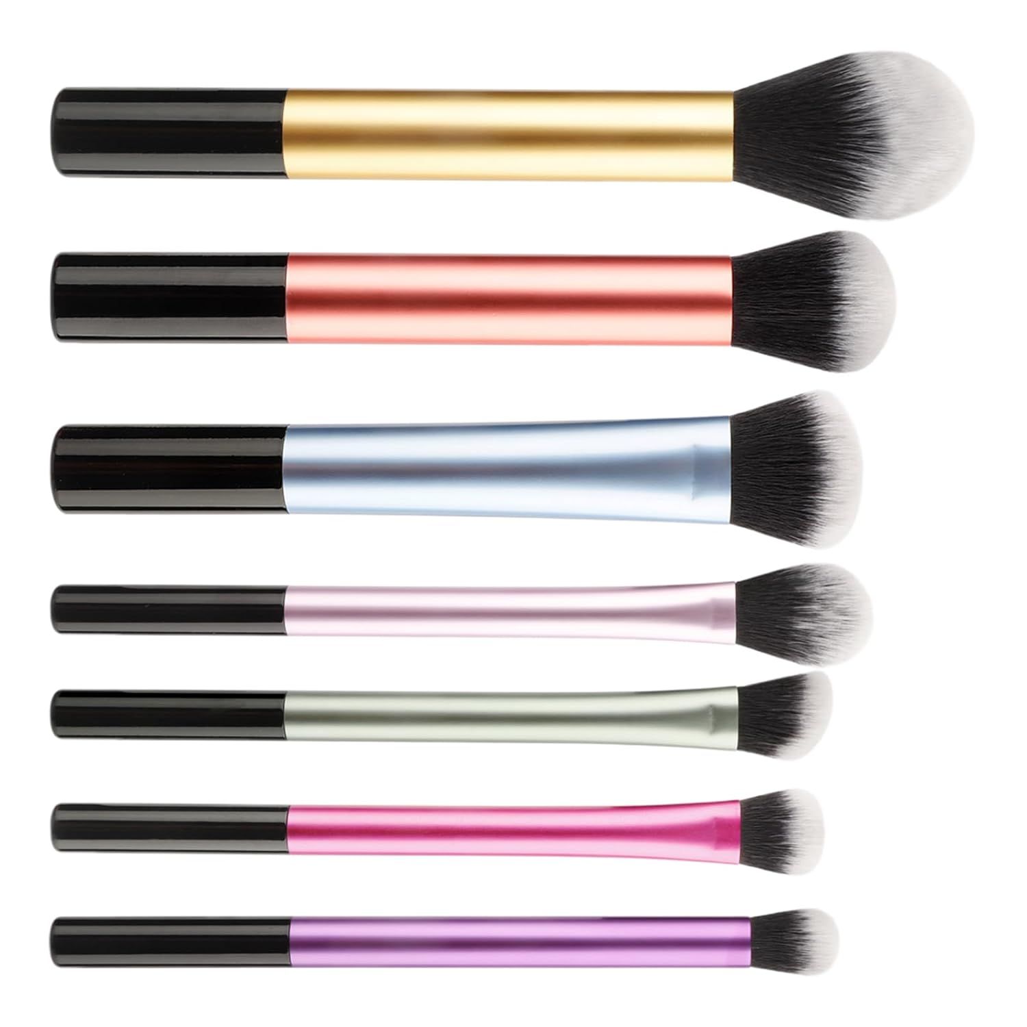 Ensemble de sept pinceaux de maquillage avec manches noirs et corps colorés : or, or rose, bleu, rose, vert, rose vif et violet.