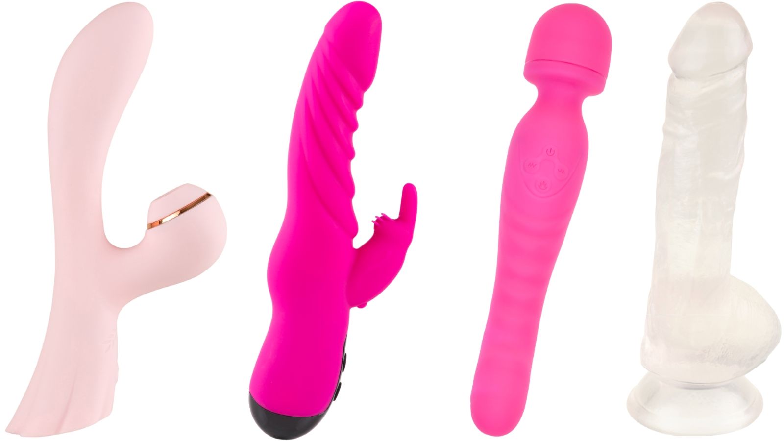 Quatre sextoys : vibrateur rose, vibrateur fuchsia, vibrateur rose et dildo transparent.