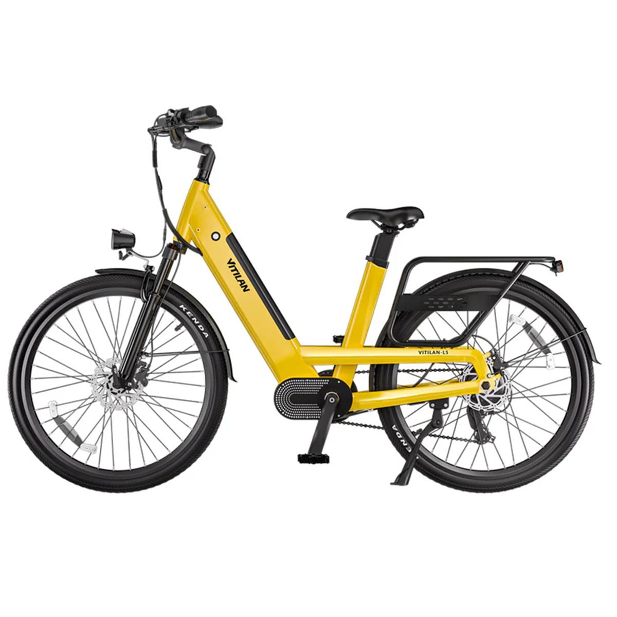 Vélo électrique Vitilan L5 jaune. Pneus noirs, porte-bagages, phare. Inscription Kenda sur les pneus.