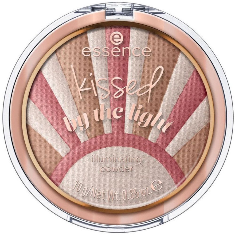 Poudre ronde avec motif soleil. Rose, beige et marron. Nom du produit et marque visibles. 10g/Net Wt. 0.35 oz e.