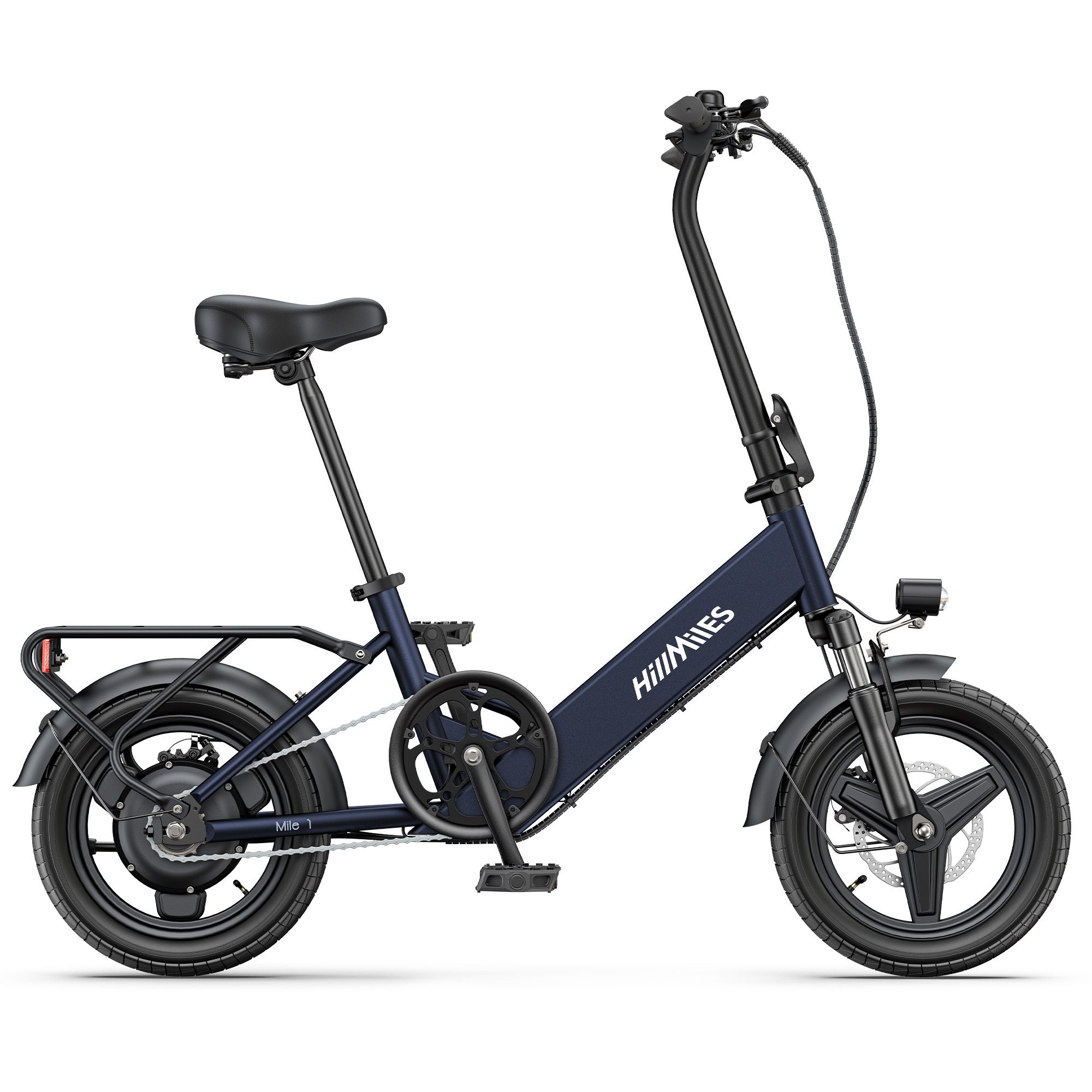 Vélo électrique pliable bleu foncé avec porte-bagages et phare. Marque HillMiles visible.