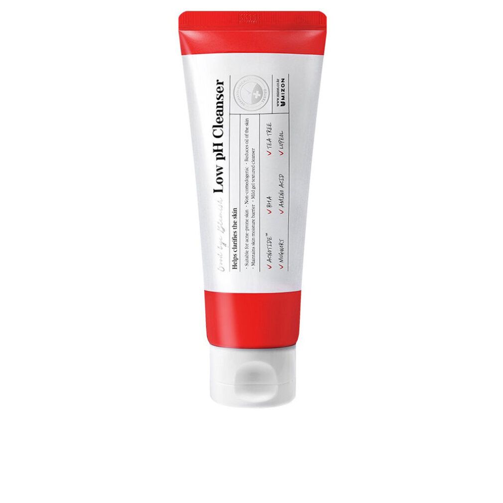 Witte en rode tube 'Low pH Cleanser' met Arabisch schrift. Bevat BHA en Tea Tree. MIZON.