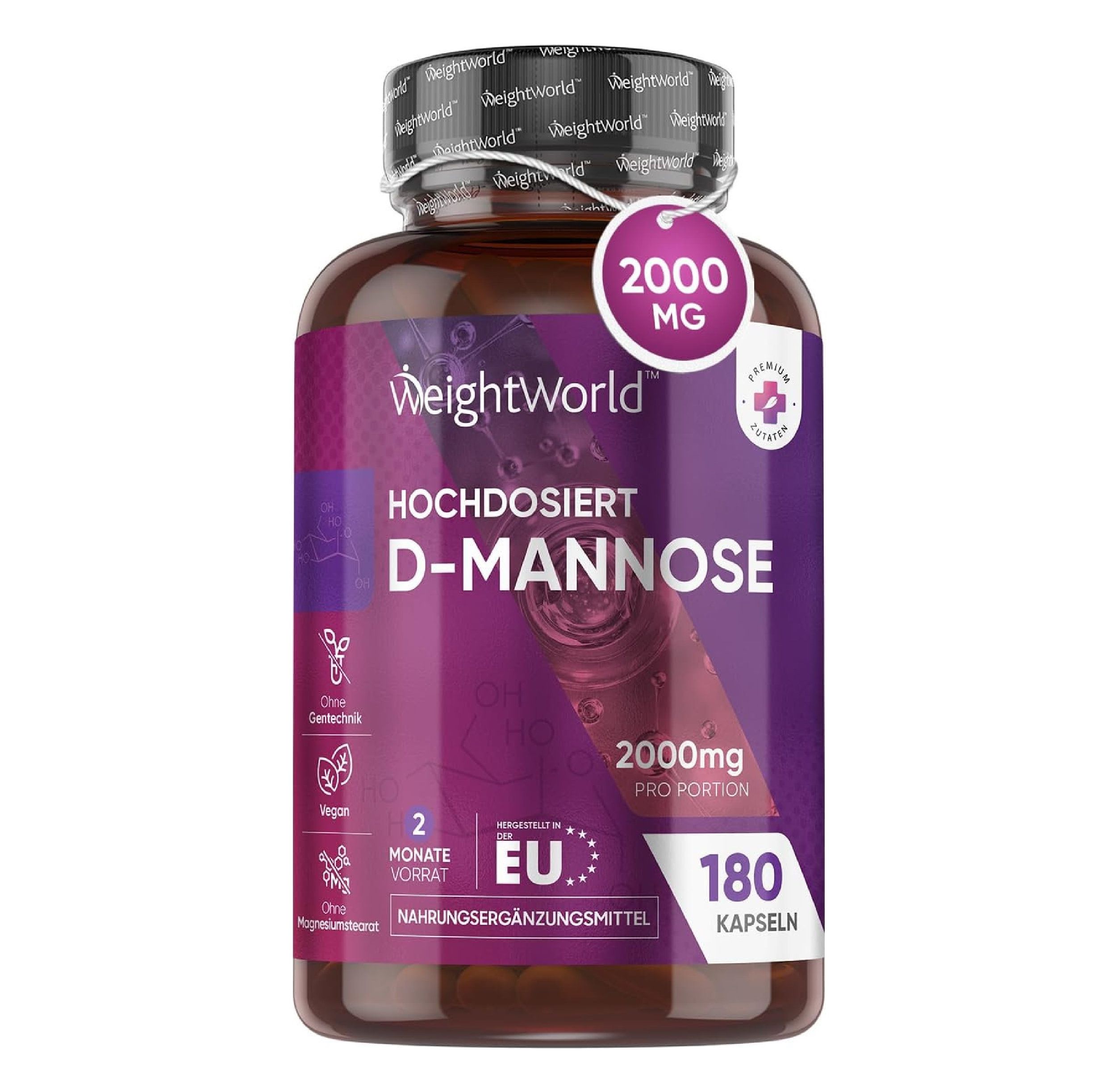 Bruine fles D-Mannose capsules. Tekst: Hoog gedoseerd, 2000mg, 180 capsules. EU-certificering.