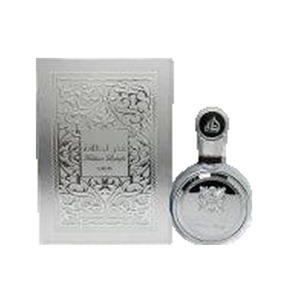 Flacon et emballage argentés. Inscription : Lattafa Parfum Élégance Unisexe Sophistiqué. Motif ornemental sur l'emballage.