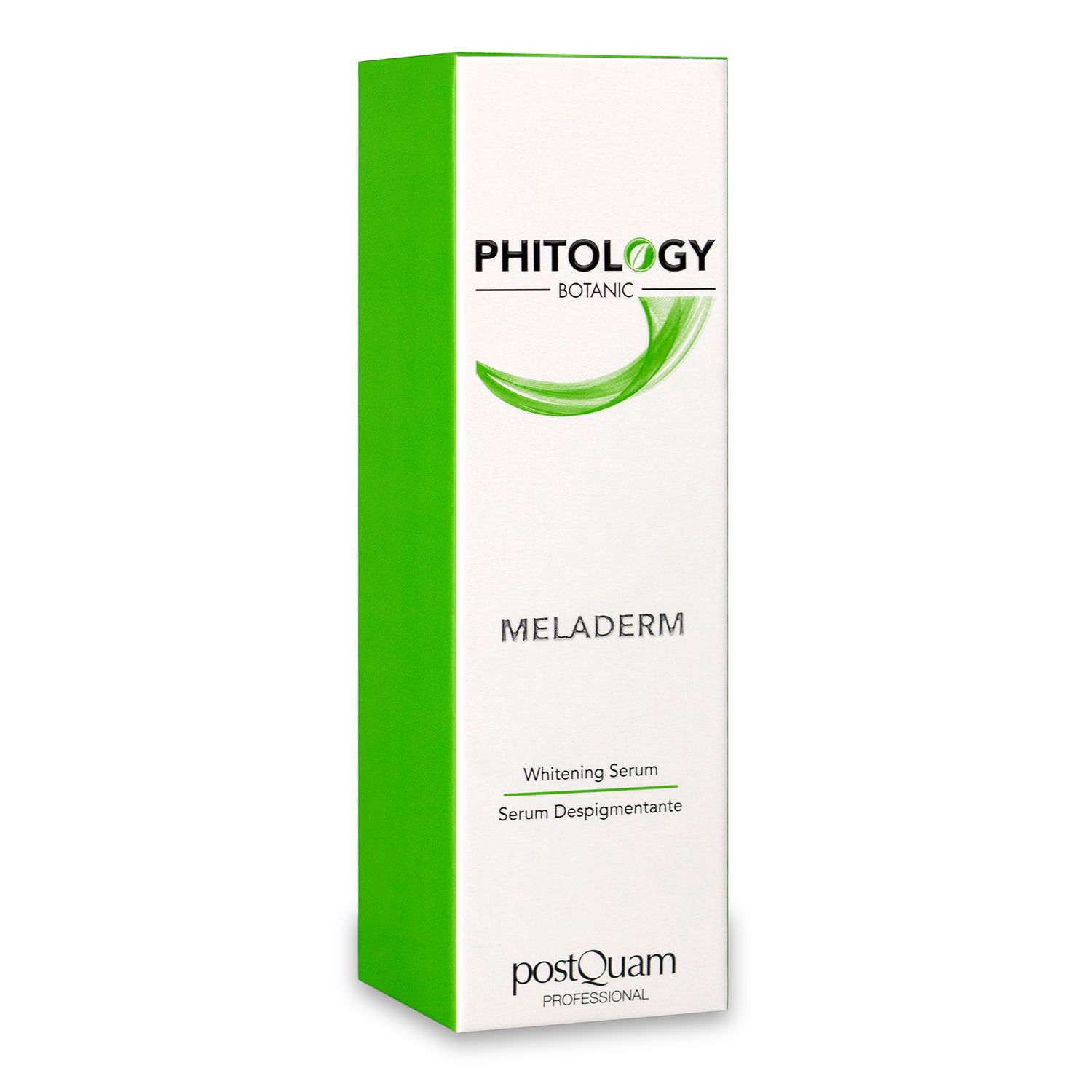 Verpakking. Opschrift: PHITOLOGY, MELADERM, Whitening Serum, Serum Despigmentante. Merk: PostQuam.