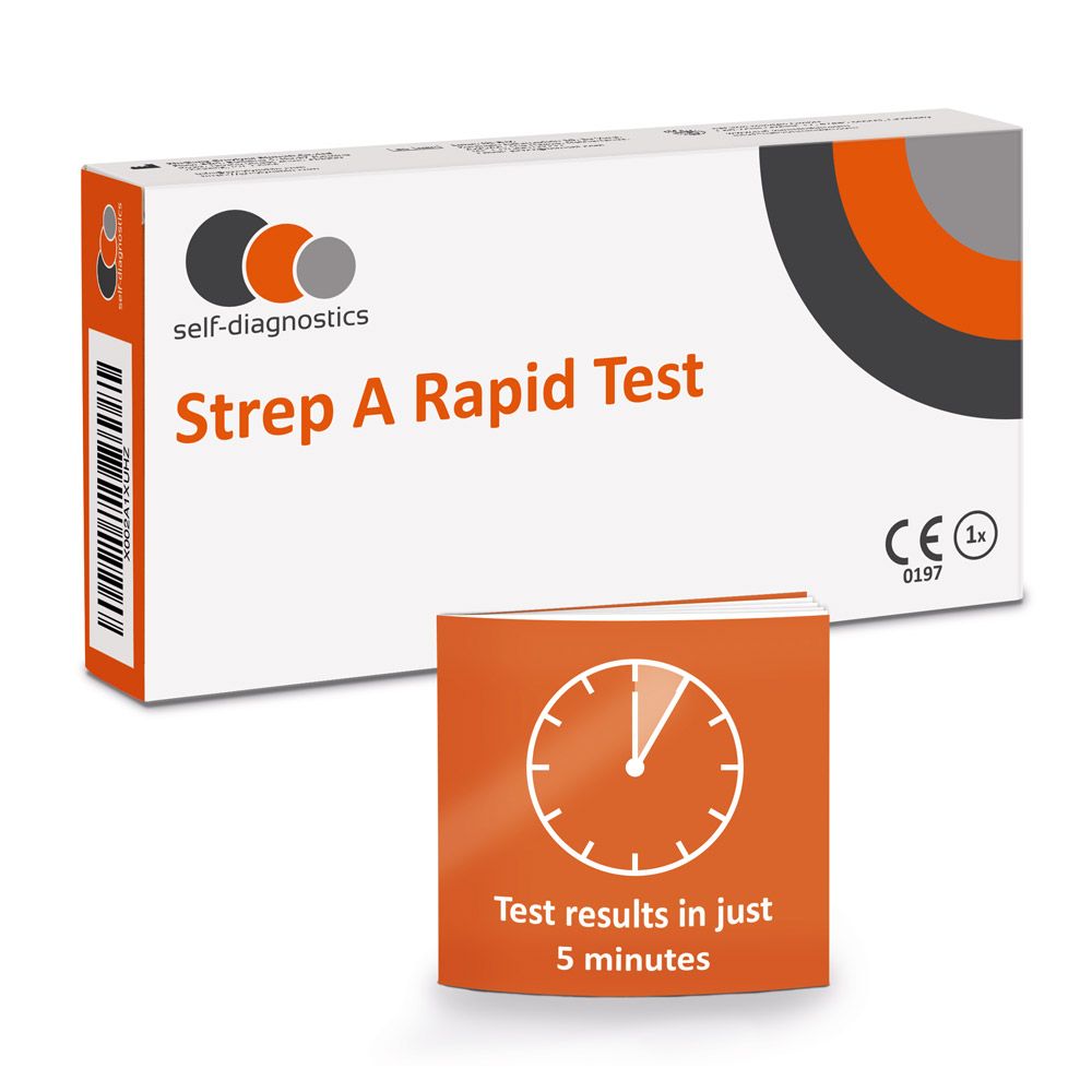 Verpakking van de Strep A Rapid Test. Tekst: Testresultaten in slechts 5 minuten. Logo self-diagnostics. CE-markering.