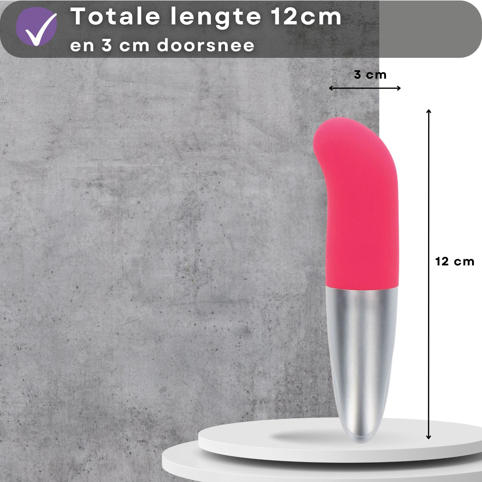 Roze en zilveren vibrator. Lengte 12 cm, diameter 3 cm. Op sokkel.