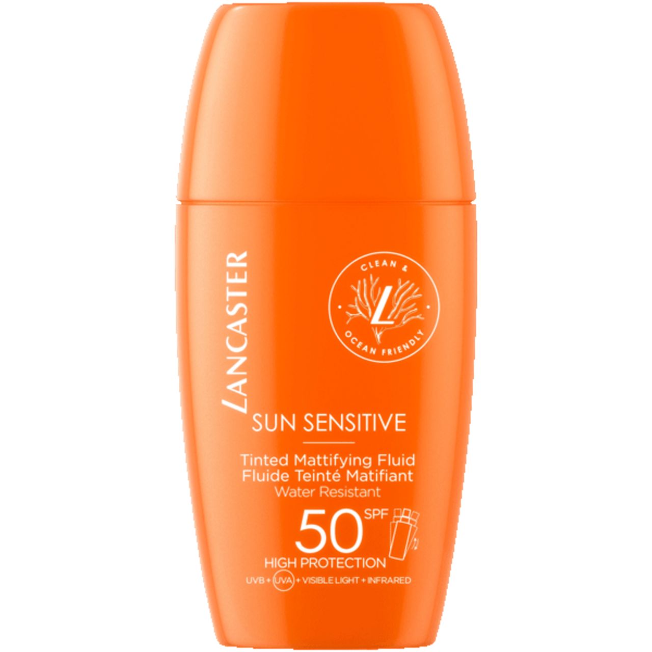 Flacon du fluide teinté matifiant Lancaster Sun Sensitive SPF50.