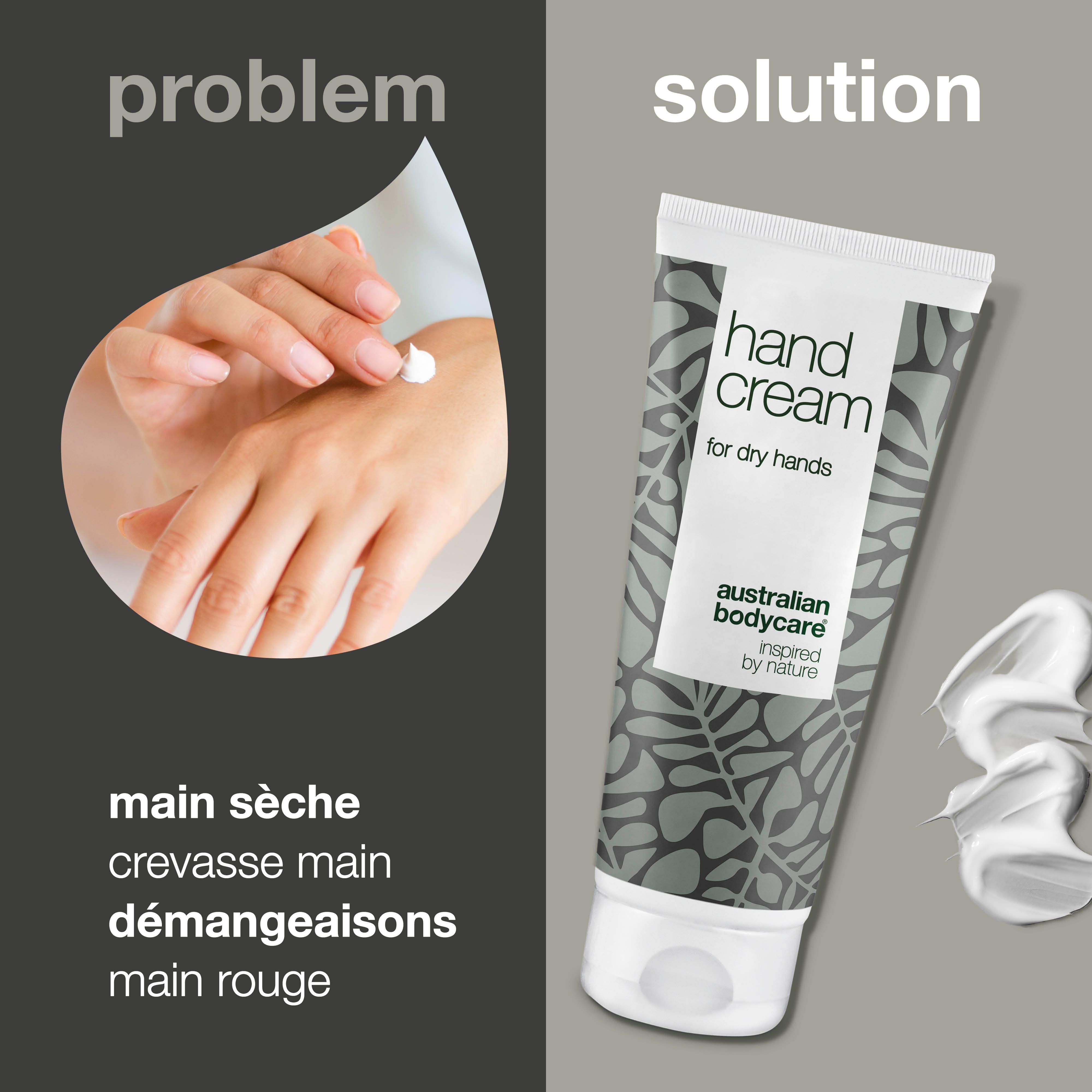 Tube de crème pour les mains et texte. Inscription : Hand Cream, Australian Bodycare.
