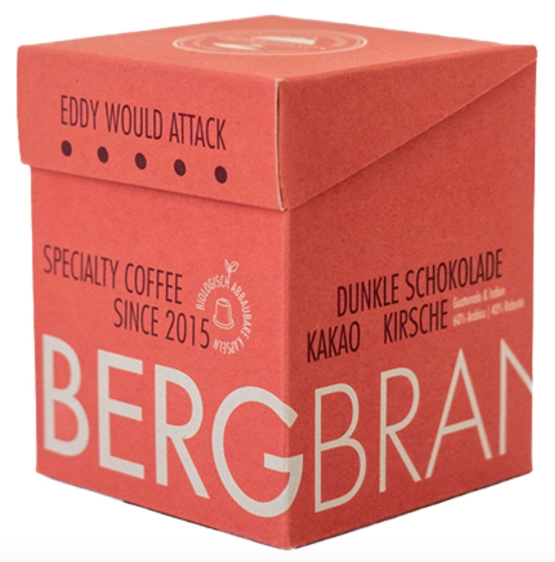Verpakking met koffiecapsules. BERGBRAND, Specialty Coffee, Pure chocolade, Kers. Biologisch afbreekbaar.