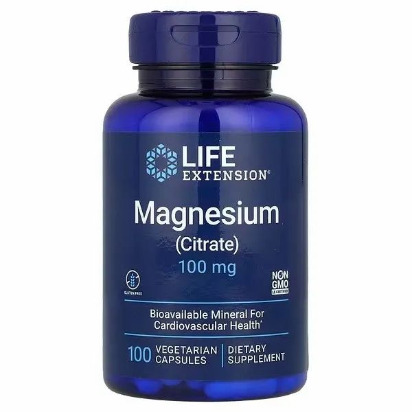 Bouteille bleue de Life Extension Magnesium (Citrate) 100 mg. Contient 100 capsules végétariennes.