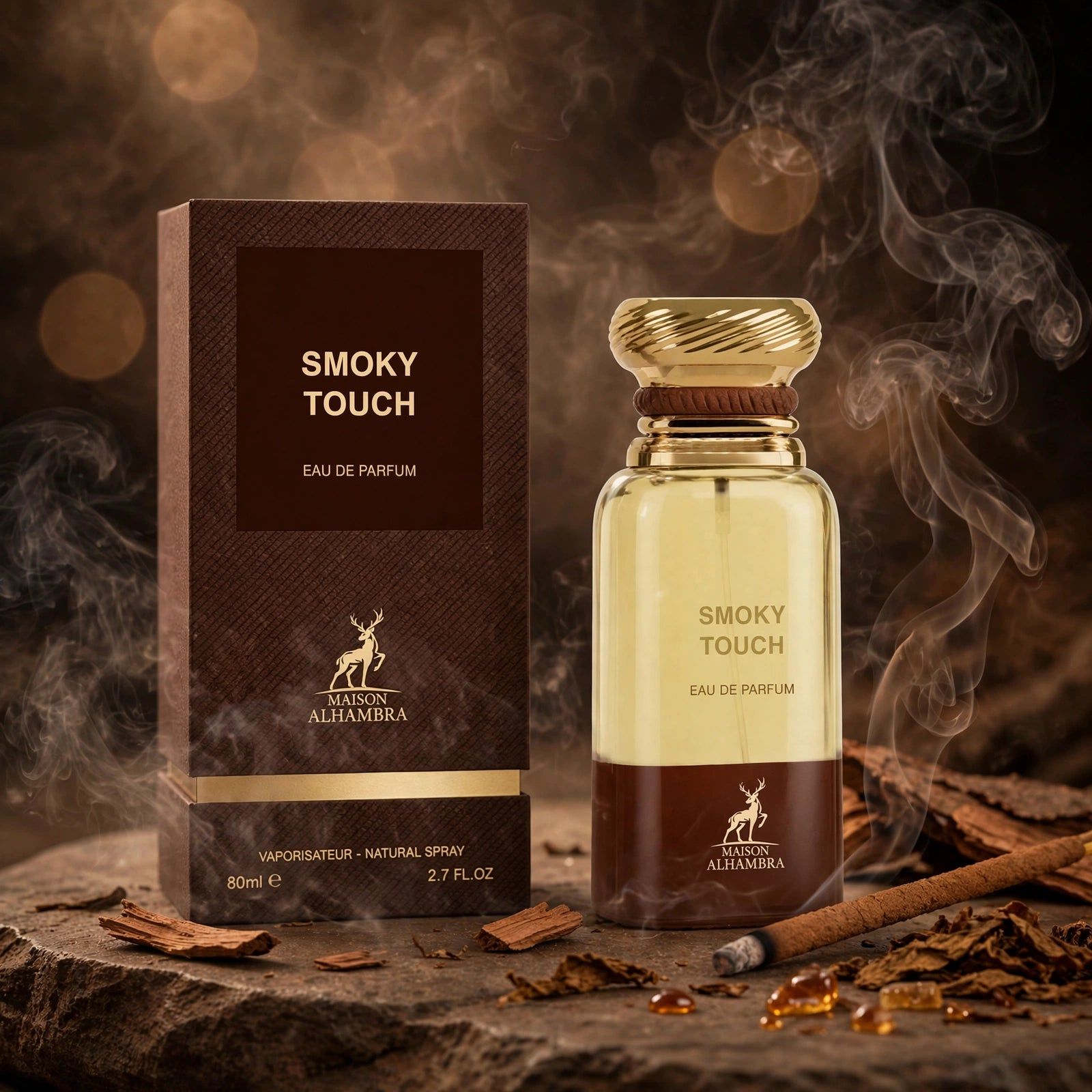 Parfumfles en doos "Smoky Touch" op stenen.