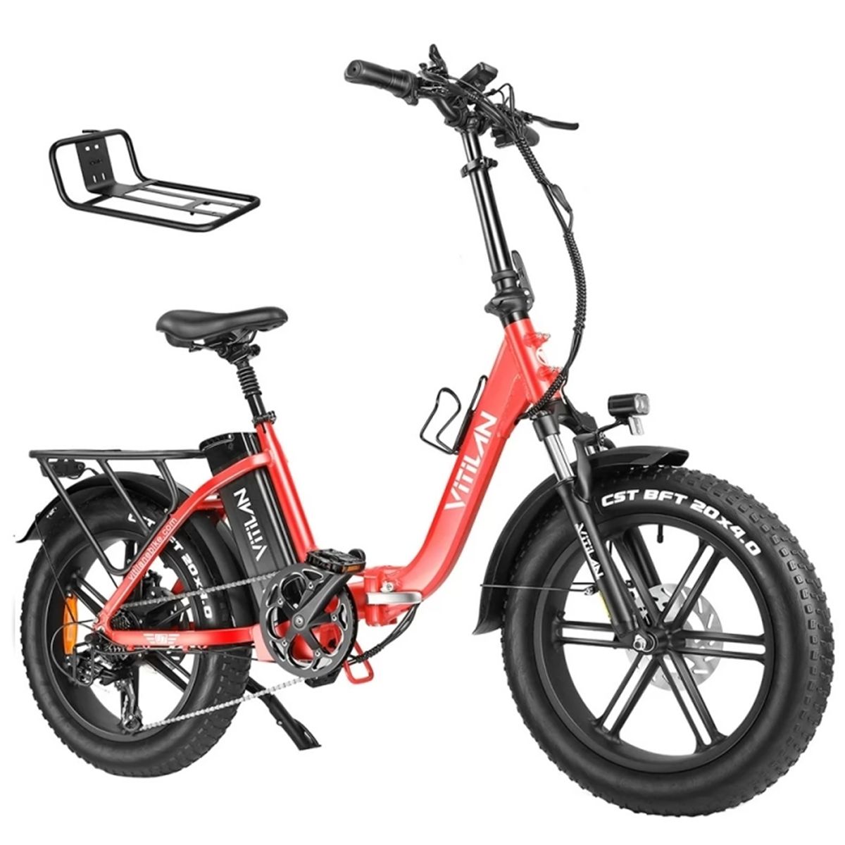 Vélo électrique pliable rouge. Pneus noirs, porte-bagages et selle. Inscription "Vitilan" sur le cadre. Porte-bagages séparé.