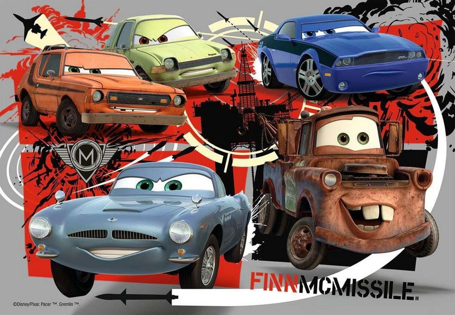 Puzzel met Cars-figuren. Zes auto's op grijze achtergrond. Logo en tekst 'Finn McMissile' zichtbaar.