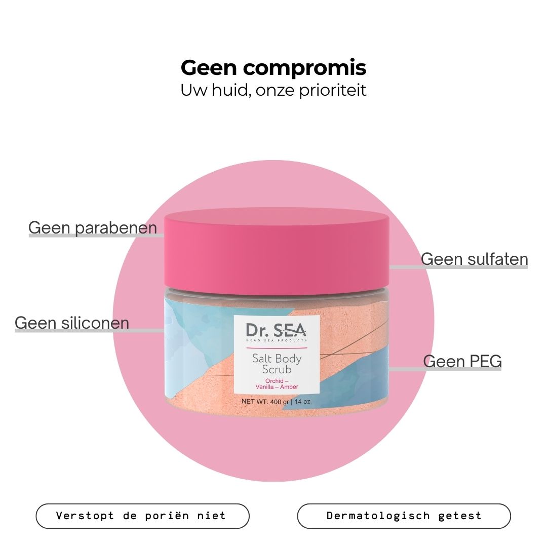 Product: Dr. SEA Salt Body Scrub. Tekst: Geen compromis. Zonder parabenen, sulfaten, siliconen, PEG. Dermatologisch getest.