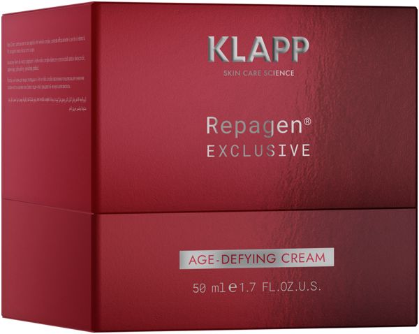 Rode Klapp Repagen Exclusive Global Anti-Age Cream verpakking. Opschrift: Klapp, Repagen Exclusive, Age-Defying Cream. 50 ml.