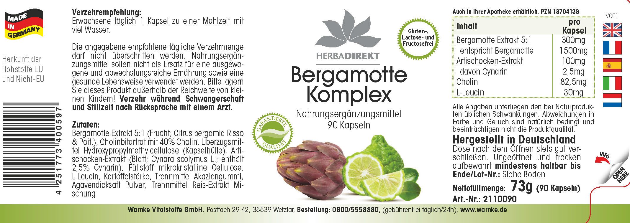 Dos de l'emballage. Inscription: Bergamotte Komplex, 90 gélules. Ingrédients et informations nutritionnelles. Fabriqué en Allemagne.