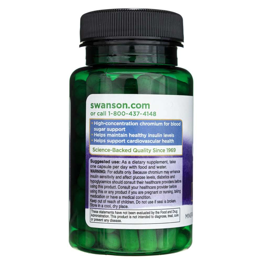 Achterkant van de fles Swanson Chromium Picolinate met productinformatie en website.