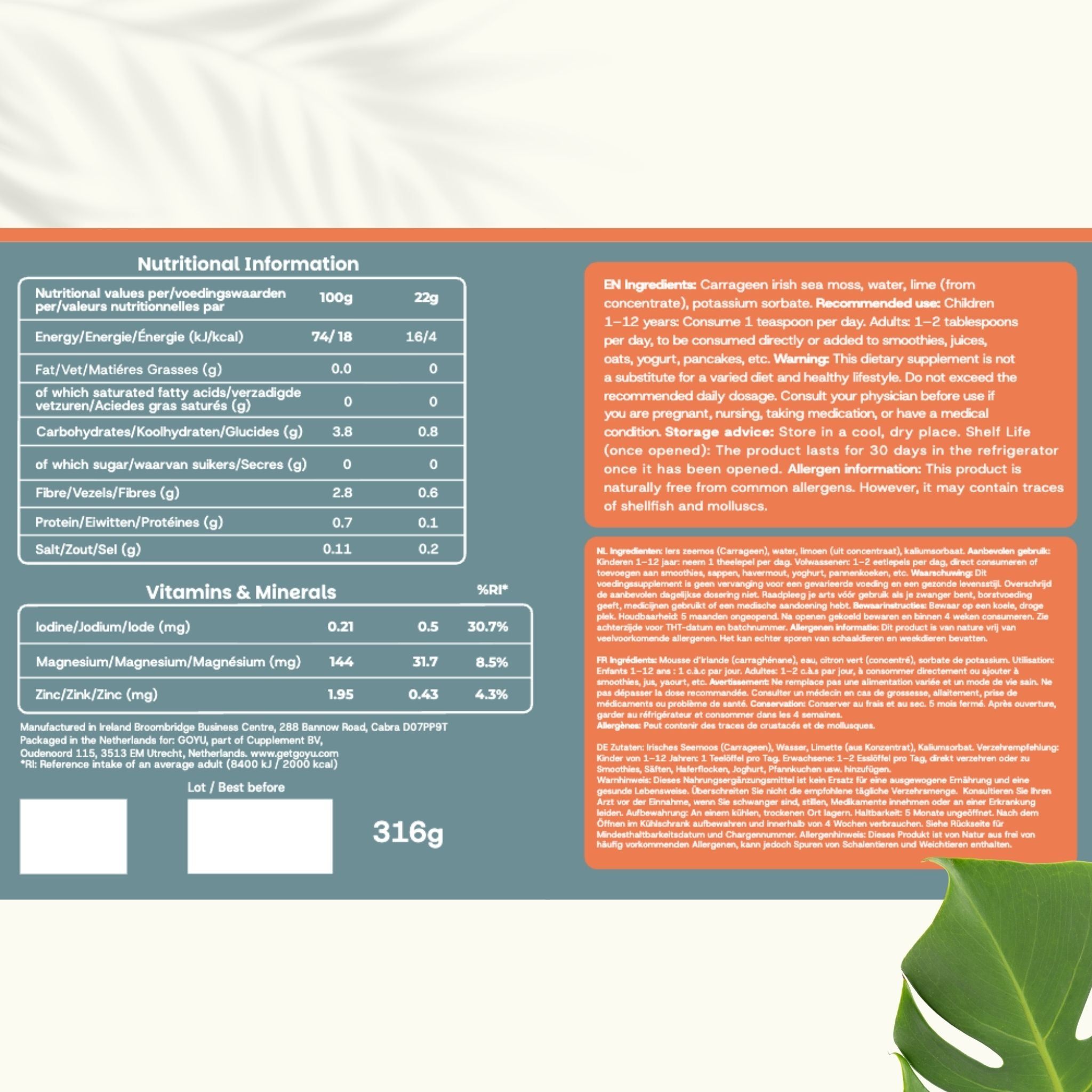 Informations nutritionnelles et ingrédients du GOYU Sea Moss Gel.