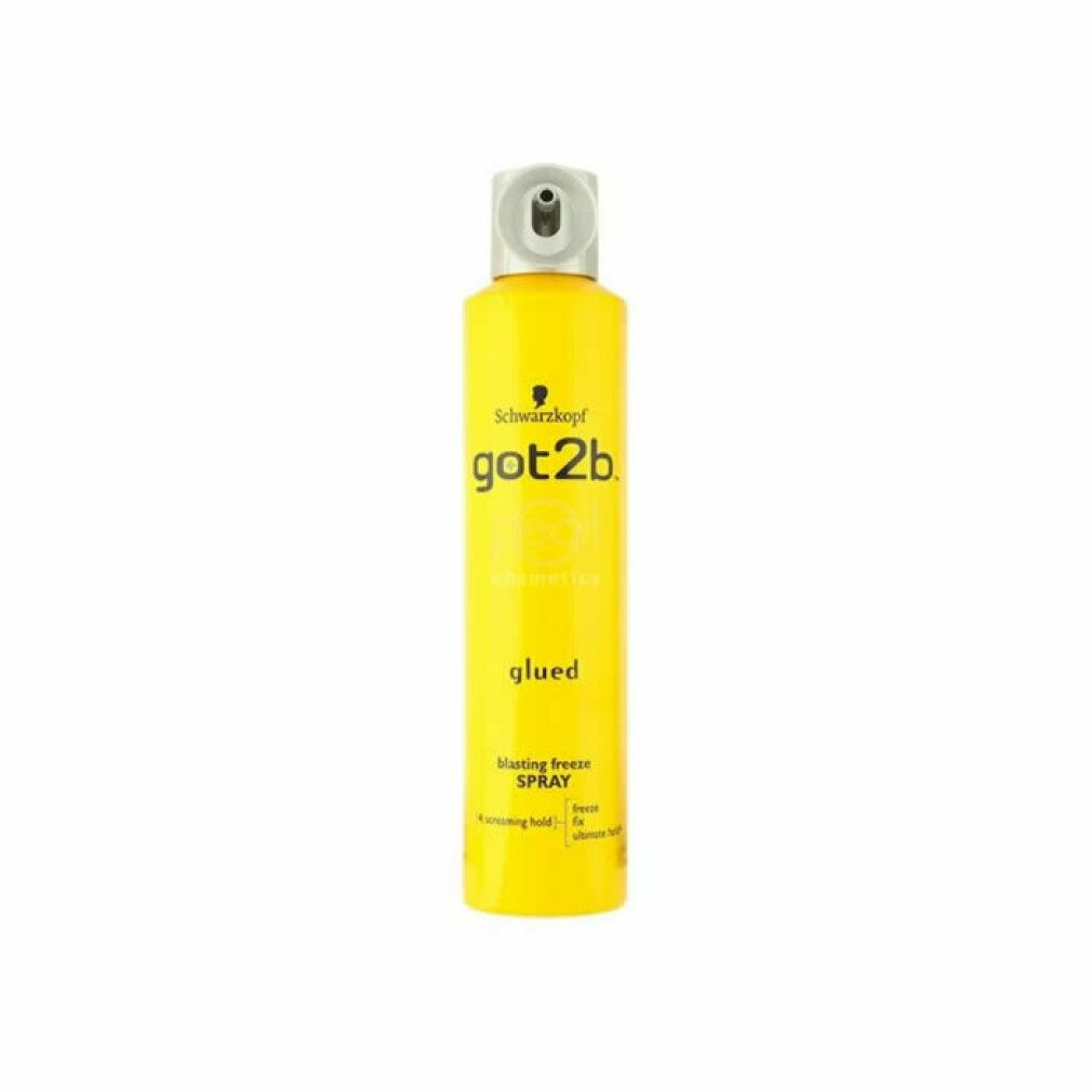 Gele spuitbus met zilveren sproeikop. Opschrift: got2b glued, Blasting Freeze Spray. Merk: Schwarzkopf.