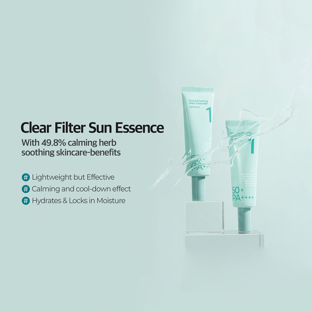 Twee lichtgroene tubes met witte tekst. "Clear Filter Sun Essence" en "1" zichtbaar. SPF50+ en PA++++.