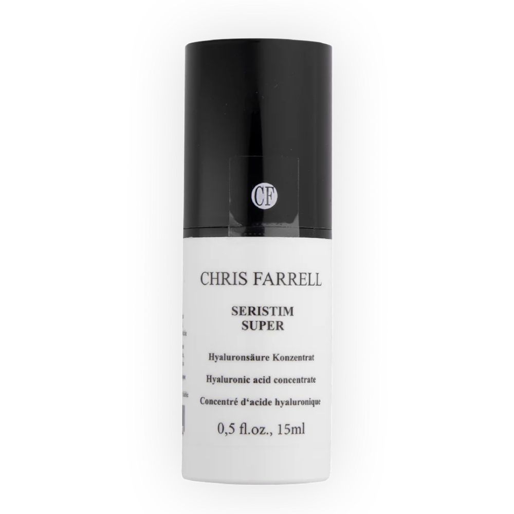 Flacon blanc avec bouchon noir. Inscription : CHRIS FARRELL, SERISTIM SUPER, Concentré d'acide hyaluronique, 0,5 fl.oz., 15ml.