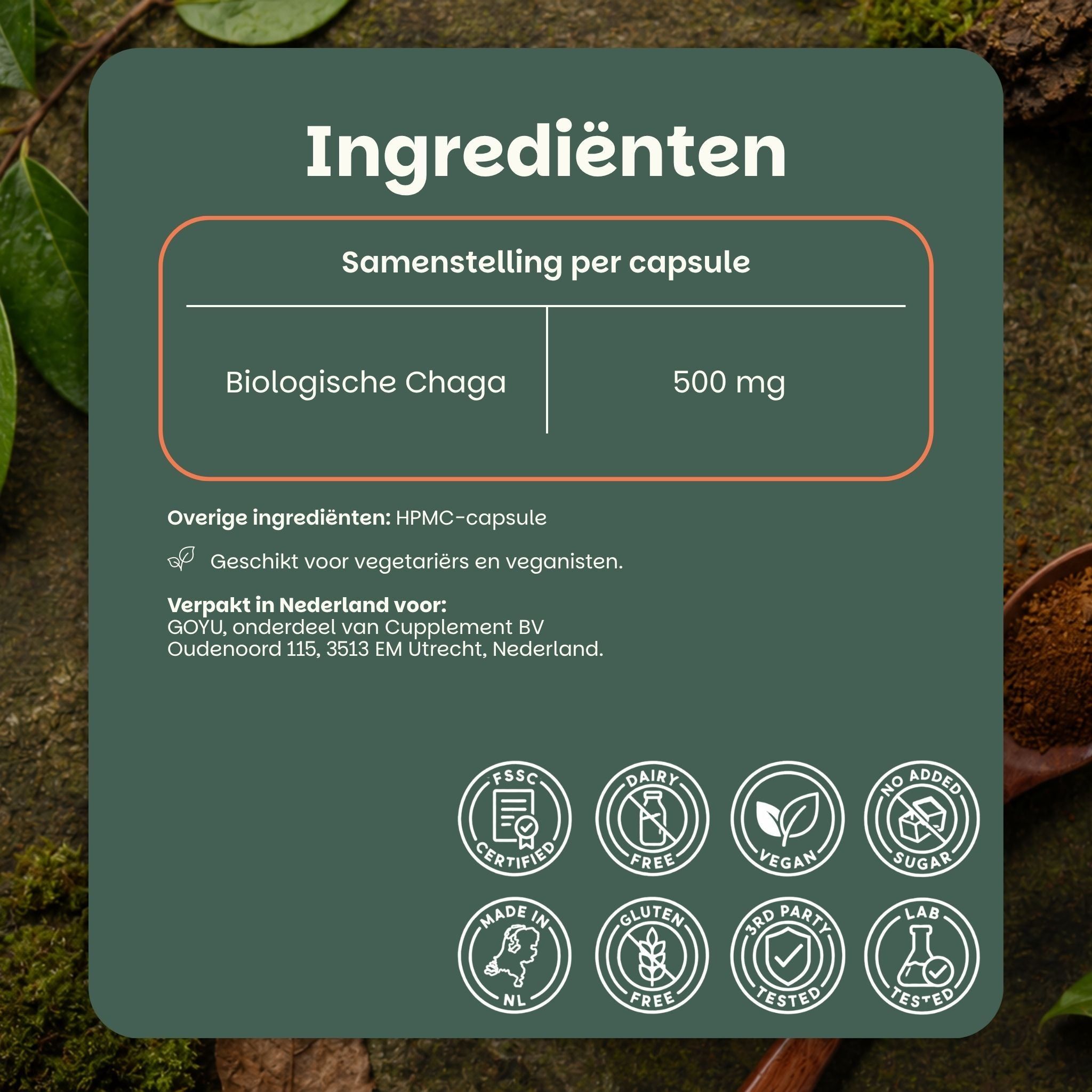 Ingrediëntenlijst voor Biologische Chaga, 500 mg per capsule. Certificeringen: FSSC, Zuivelvrij, Vegan, Geen toegevoegde suiker, Gemaakt in NL, Glutenvrij, 3rd Party Tested, Lab Tested.