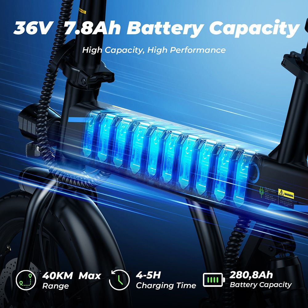 Batterie de vélo électrique 36V 7,8Ah. Autonomie 40 km, temps de charge 4-5 heures. Capacité 280,8 Ah.