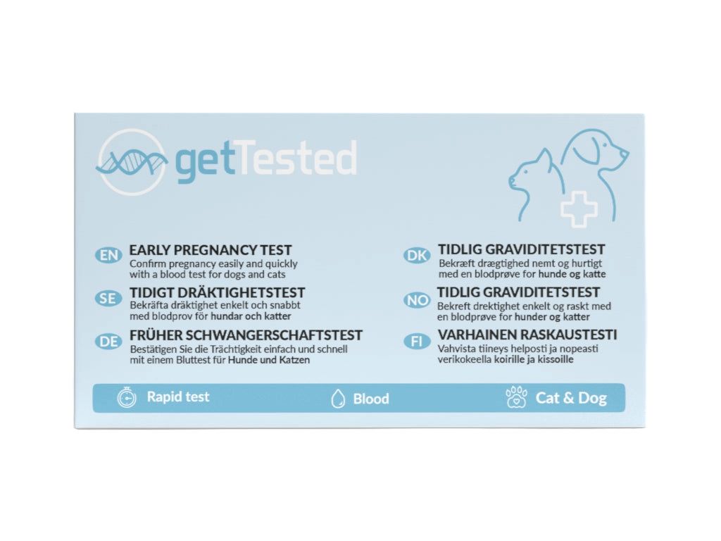 GetTested Vroege Zwangerschapstest voor honden en katten. Tekst: Snelle test, bloed, kat & hond.