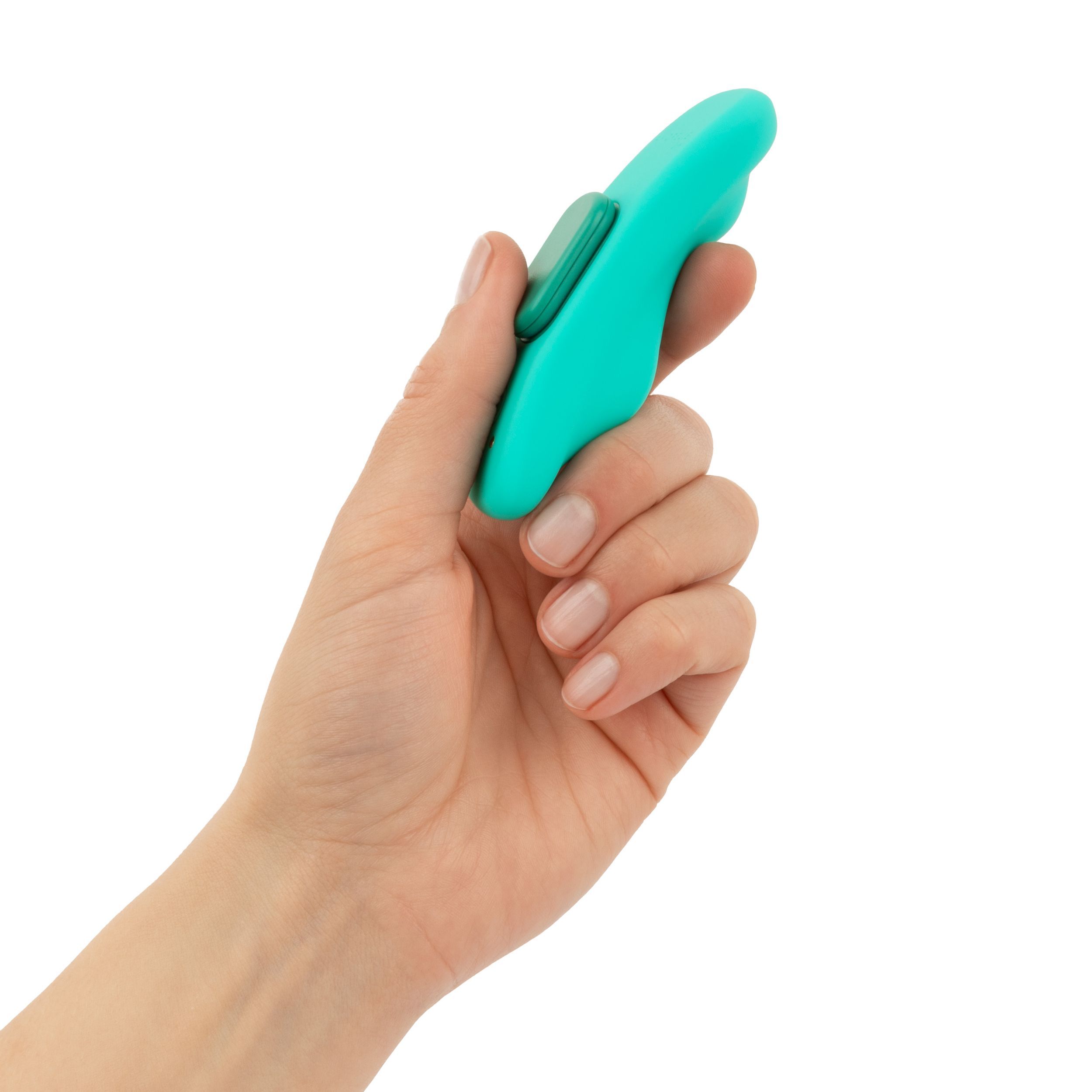 Produit de bien-être turquoise tenu dans une main, avec un bouton vert.