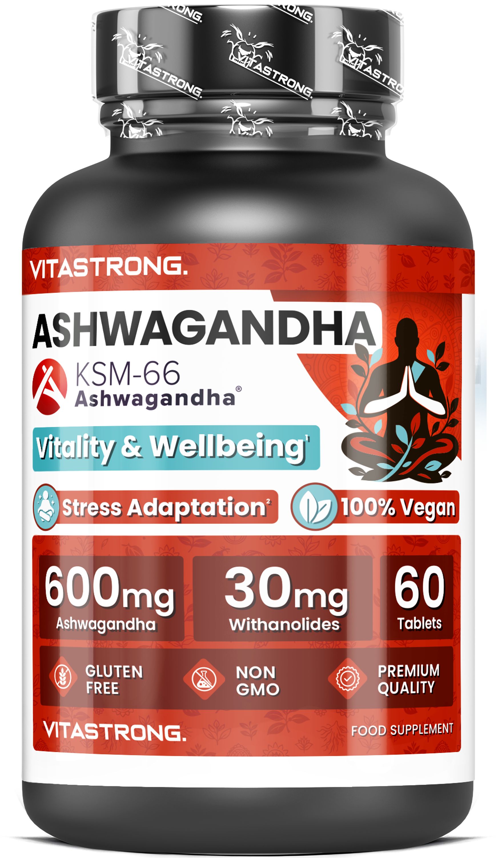 Bouteille Vitastrong Ashwagandha KSM-66, 60 gélules, 600mg Ashwagandha, 30mg Withanolides.