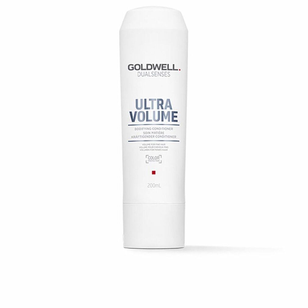 Goldwell Dual Senses Ultra Volume Conditioner. Flacon blanc, texte bleu. Contient 200 ml. Pour cheveux fins.