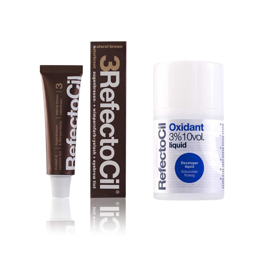 Set wenkbrauw- en wimperverf en ontwikkelaarvloeistof. Bevat een tube, een doos en een fles met productnamen.