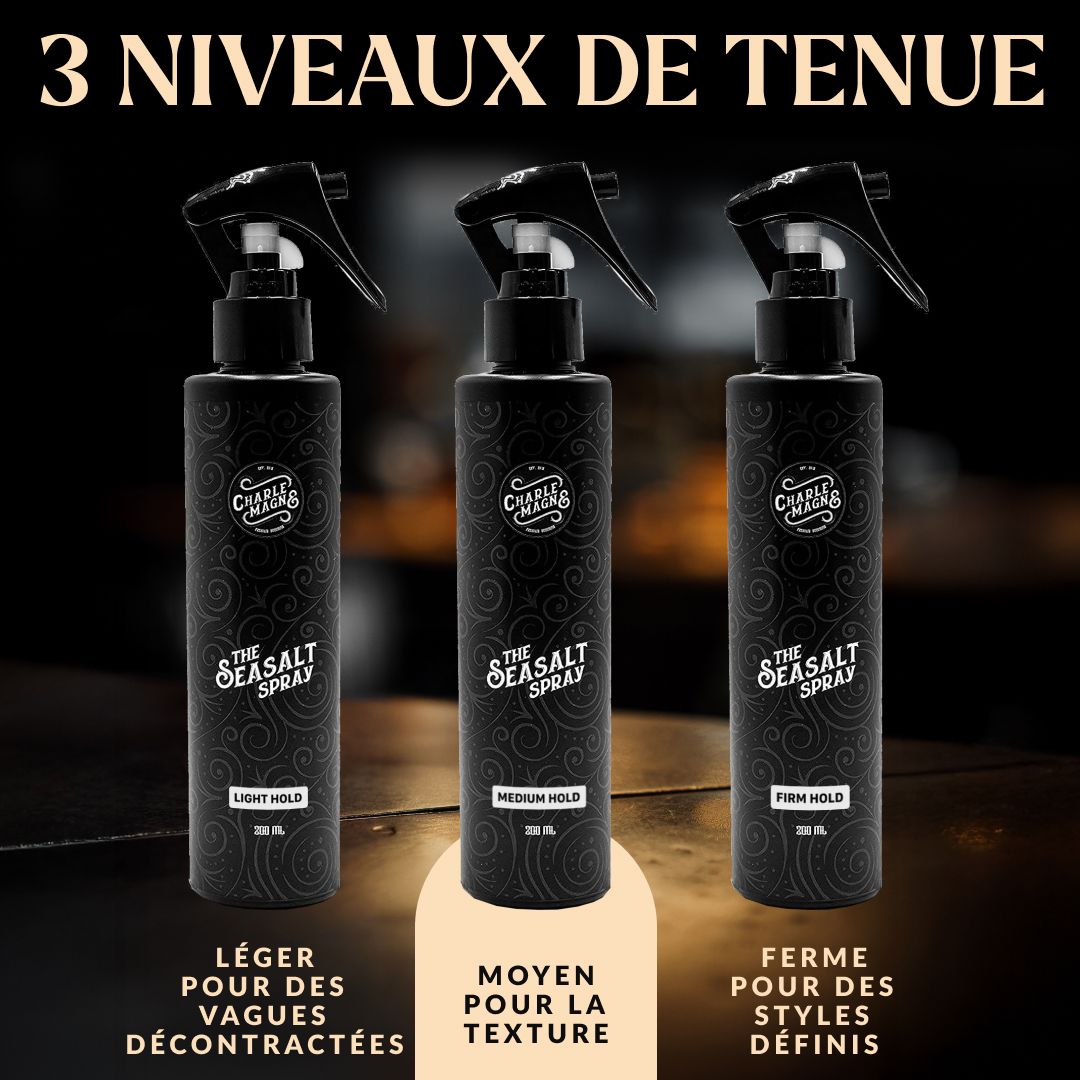 Trois flacons pulvérisateurs noirs étiquetés pour différents niveaux de tenue.