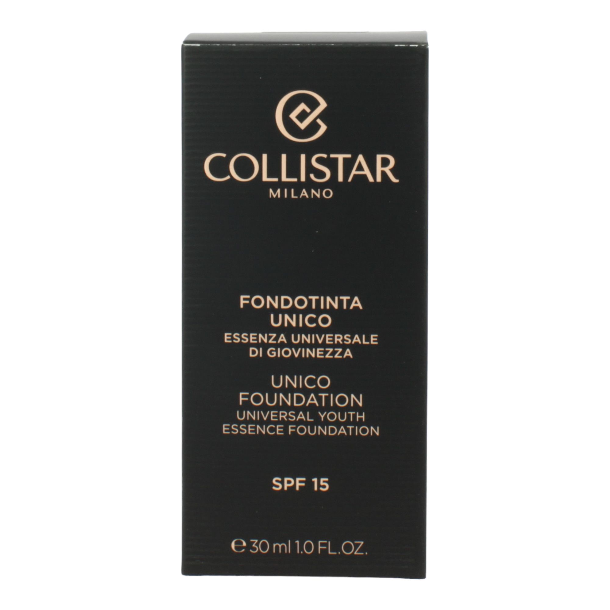 Boîte noire avec logo et nom du produit. Texte : Fondotinta Unico, SPF 15, 30 ml.