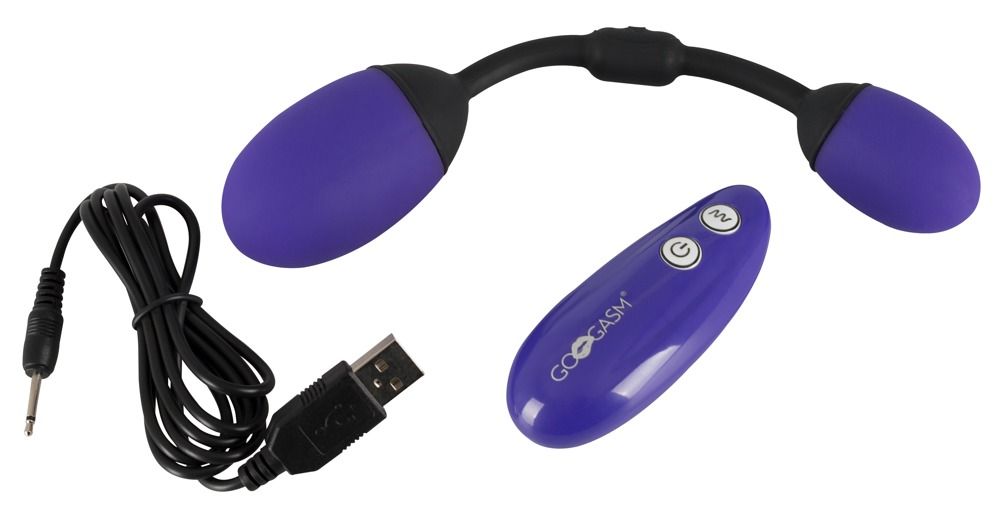 Paarse dubbele vibrator met afstandsbediening en USB-oplaadkabel.