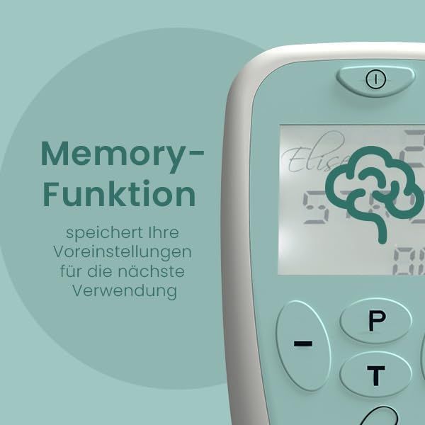Close-up van het apparaat. Tekst: Geheugenfunctie. Tekst: slaat uw voorkeursinstellingen op voor het volgende gebruik. Hersensymbool.