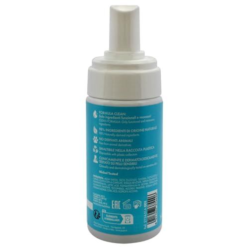 Achterkant van gezichtsreiniger Pupa Mousse Me Softly. Informatie over "FORMULA CLEAN" en "98% natuurlijke ingrediënten".