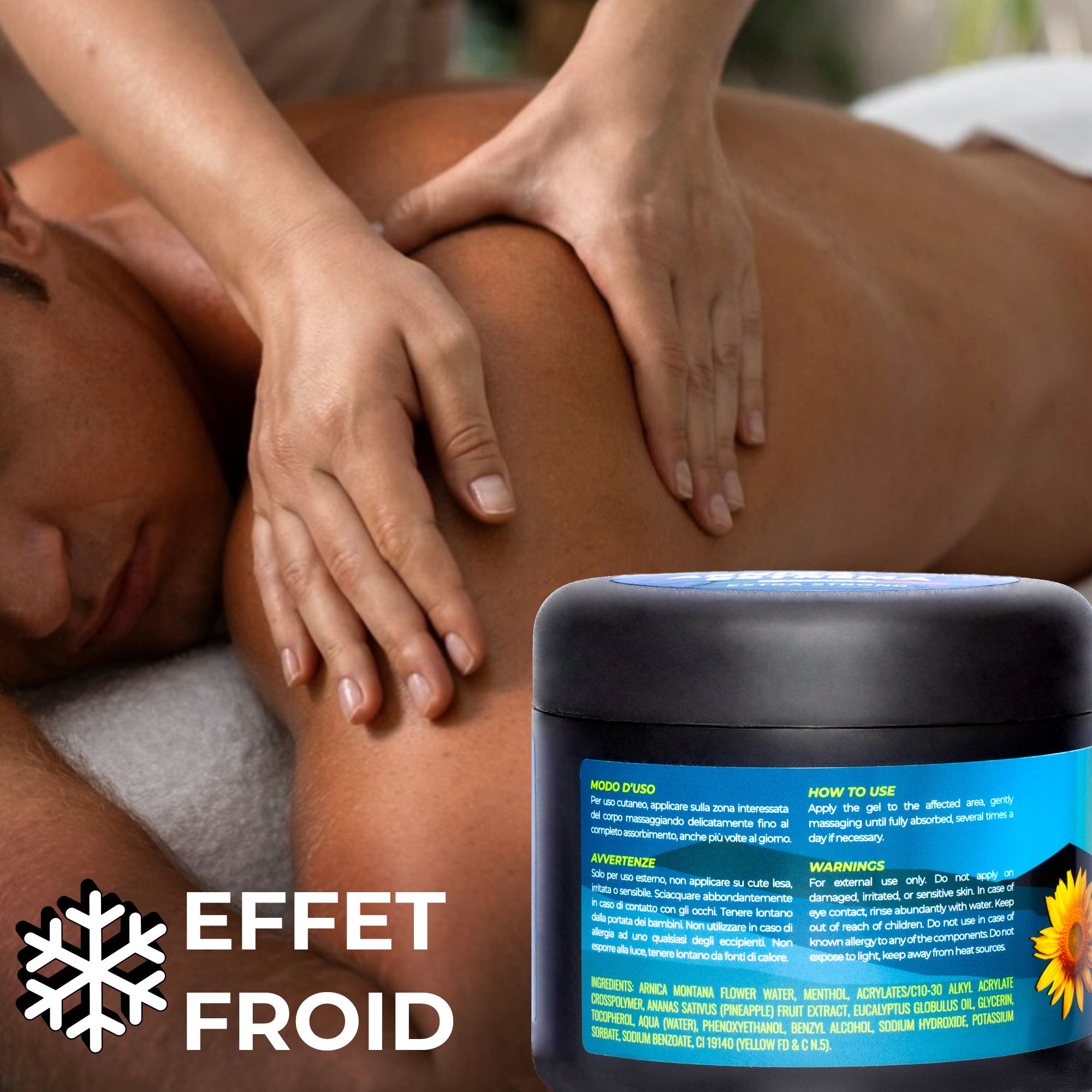 Deux pots : Arnica 98% Extrema (frais) et Griffe du diable + Arnica (chauffant).