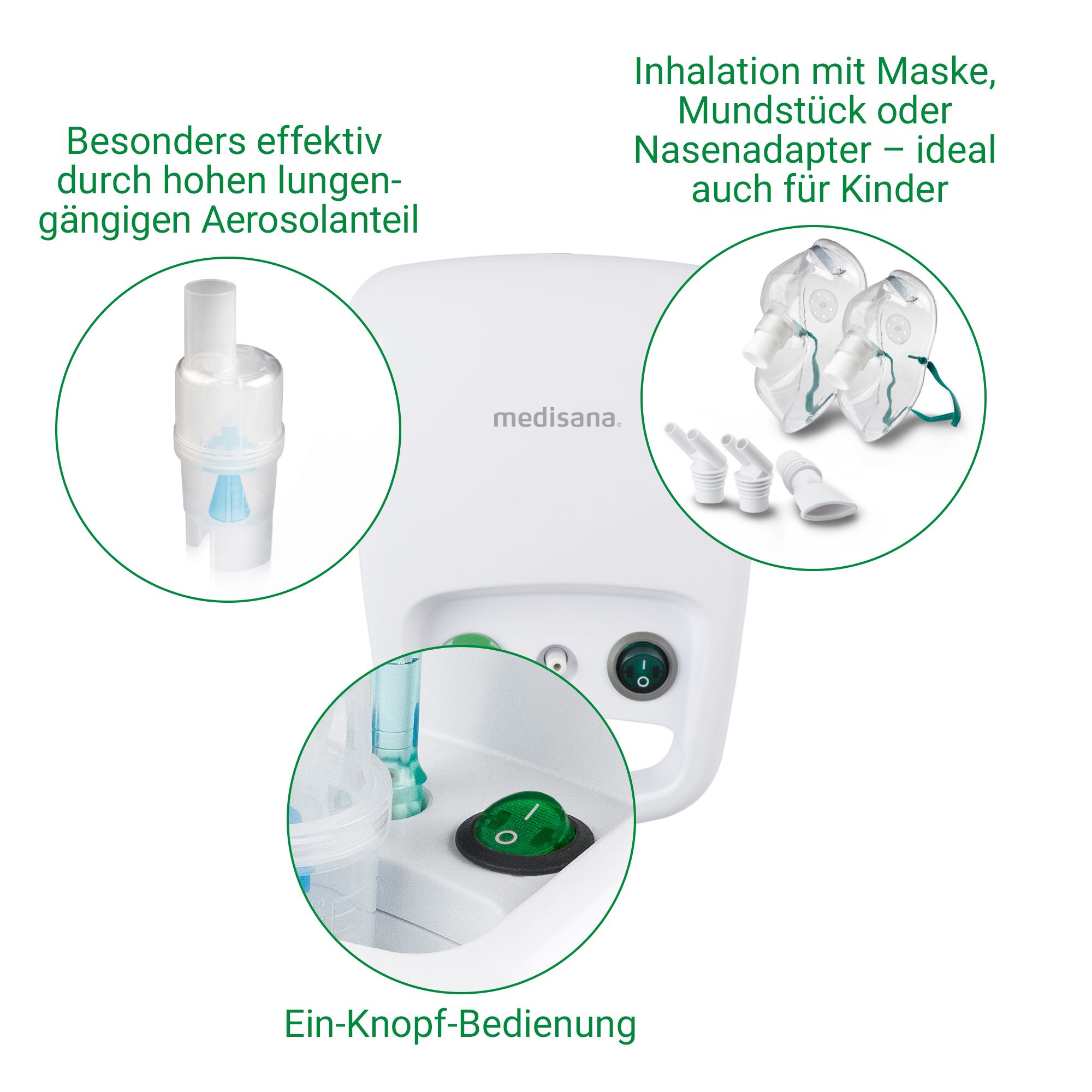 Medisana IN 540 inhalator: bediening met één knop, maskers, mondstukken, vernevelaar.
