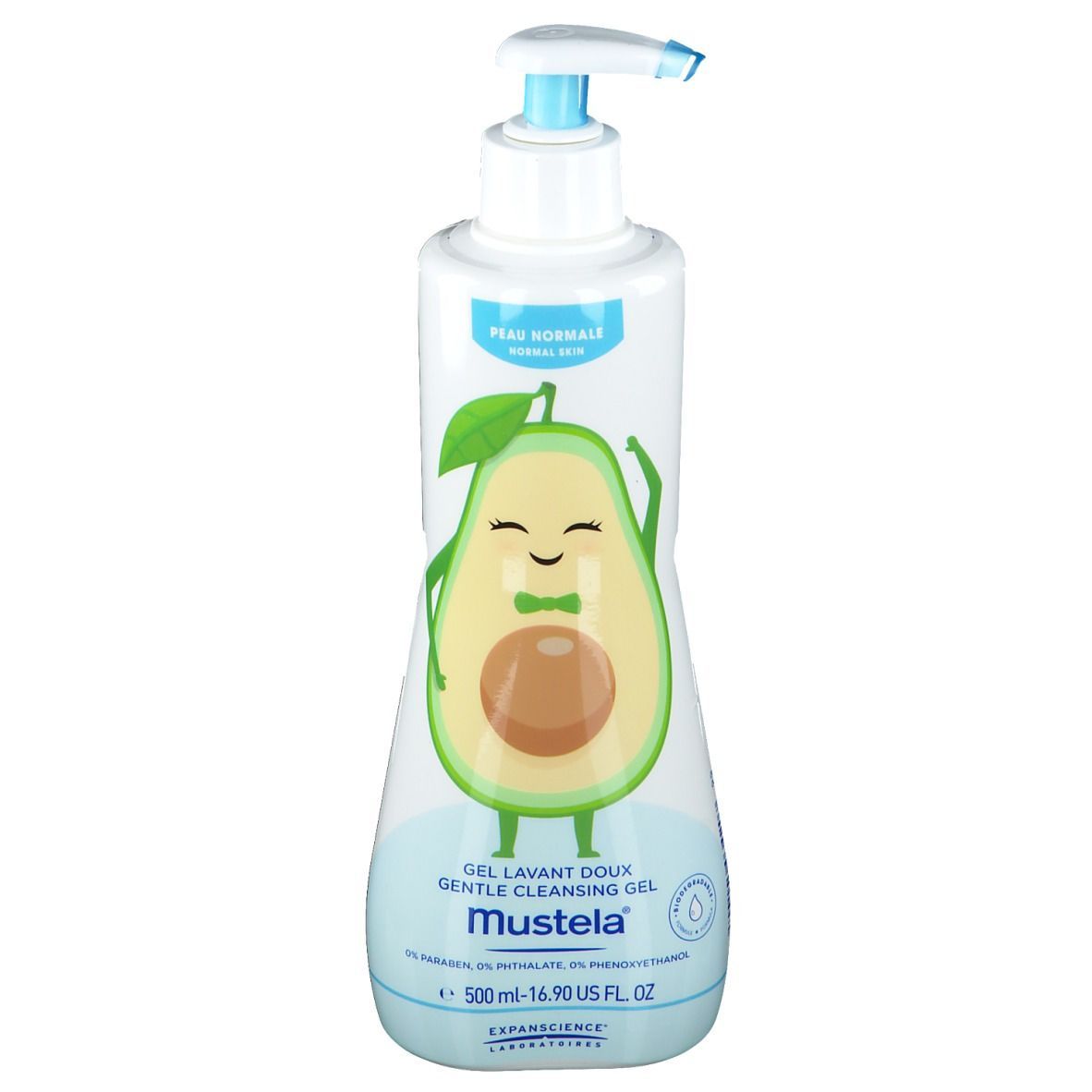 Witte fles met blauwe pomp. Avocado-illustratie. Tekst: Mustela, Zachte reinigingsgel. Opschrift: 500 ml.