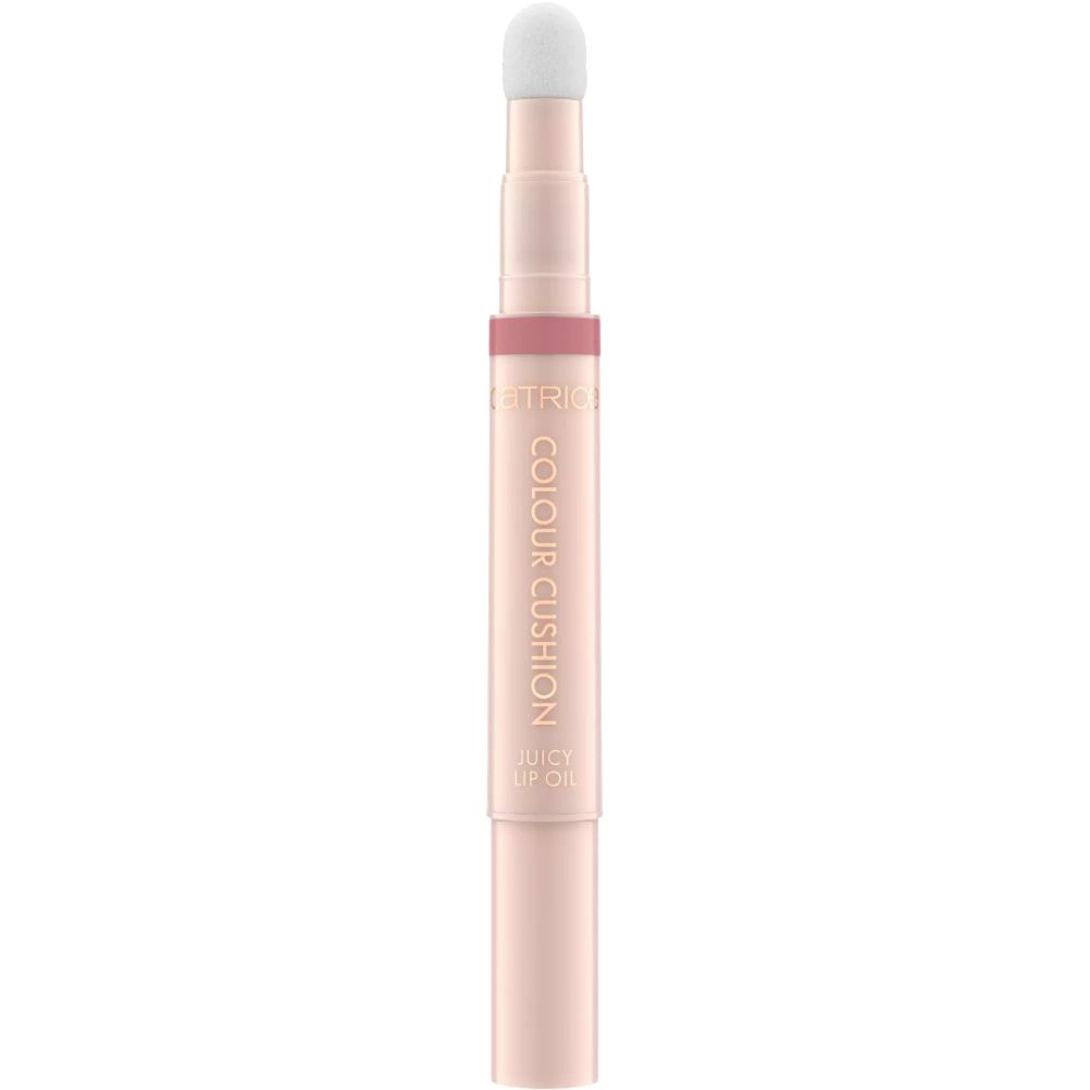 Lipolie-applicator met witte sponskop. Roze tube met opschrift "COLOUR CUSHION JUICY LIP OIL".