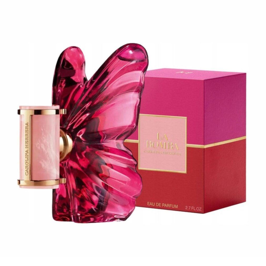 Flacon papillon rose, à côté d'une boîte bicolore. Cylindre doré avec nom du produit. Liquide rose.