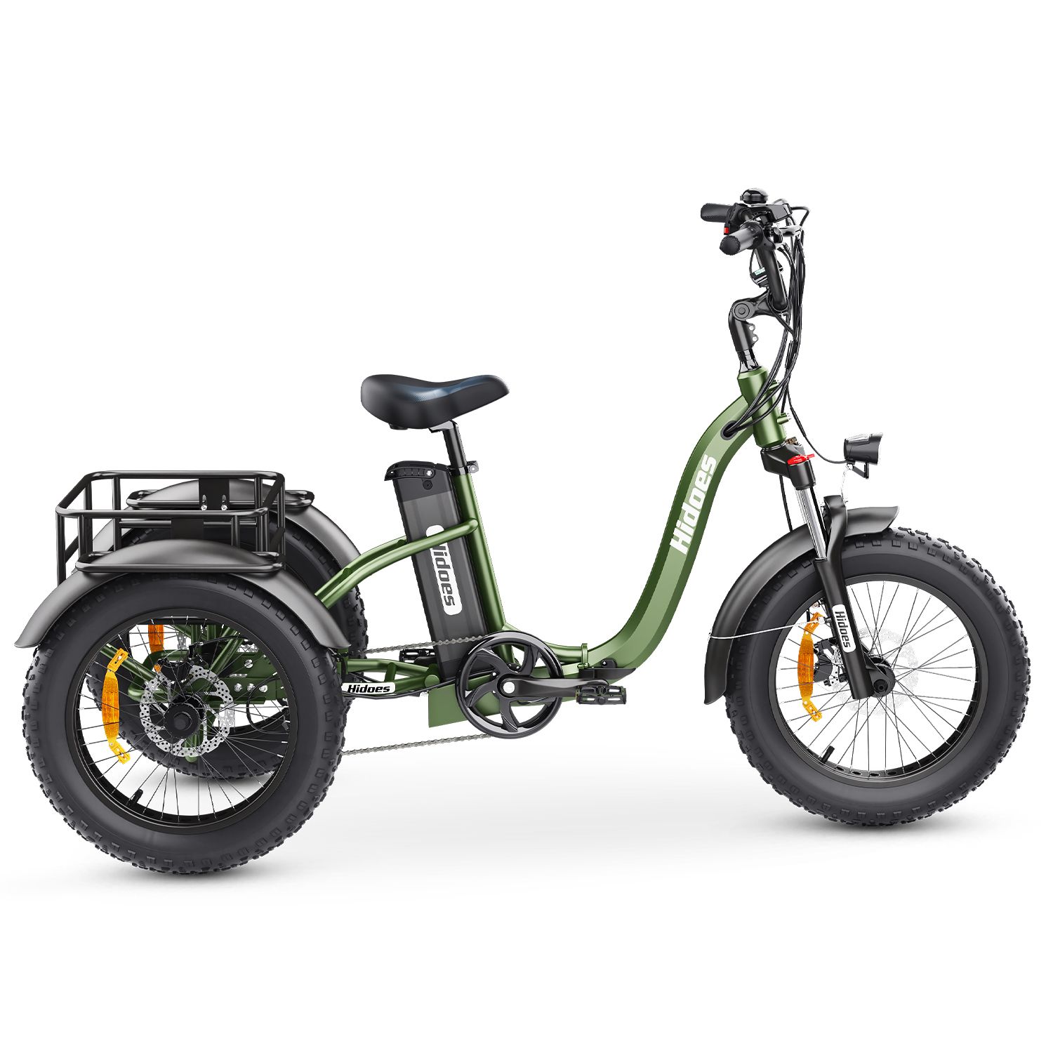 Tricycle électrique vert avec panier noir, pneus et siège. Marque : Hidoes. Batterie amovible.