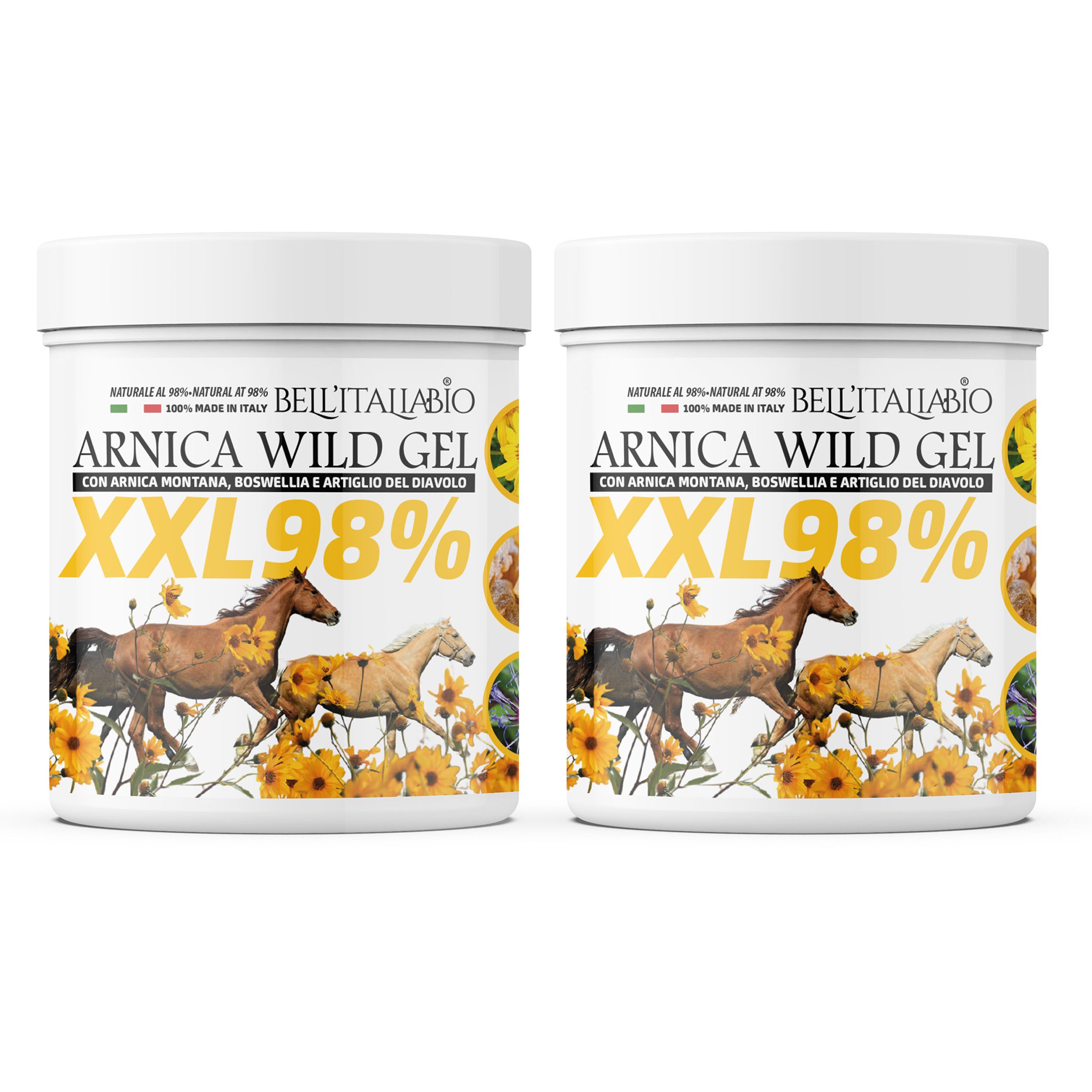 Twee witte potten met etiketten. Opschrift: Arnica Wild Gel XXL 98%. Merk: BellItaliabio. Illustratie van paarden en bloemen.