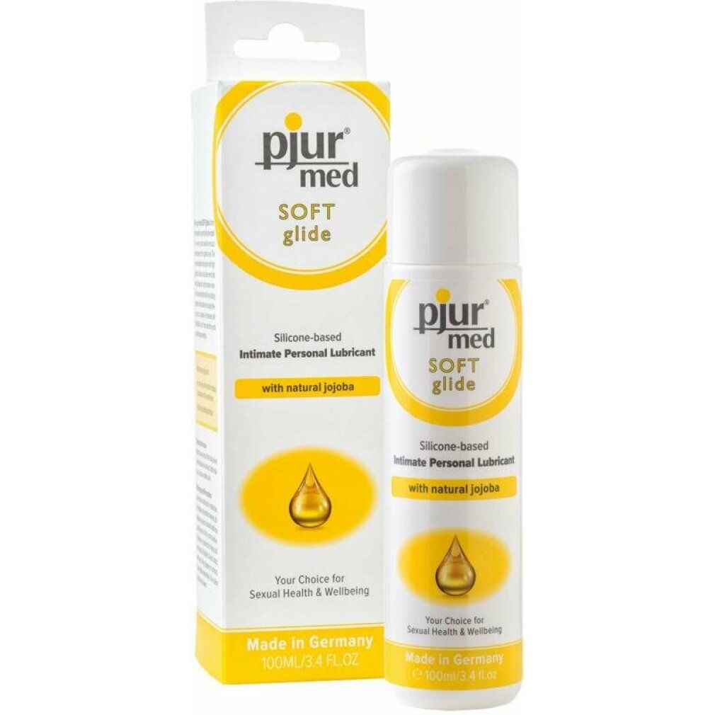 pjur med SOFT glide, siliconen glijmiddel met jojoba. Fles en verpakking. Geel-wit design. Made in Germany.